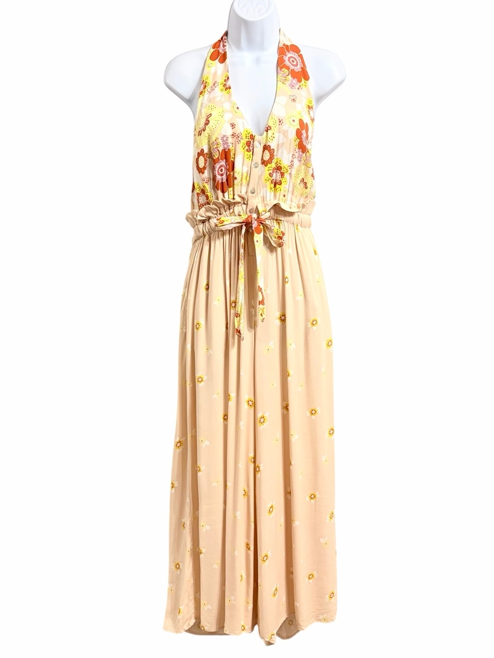 Free People Daisy Dreams Boho Halter Wide Leg Jumpsuit M Peach Hippie Festival